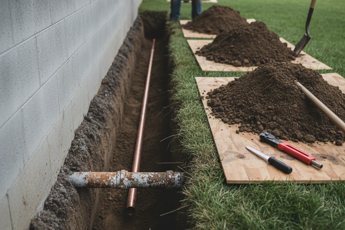 Excavated water line trench during Water Softener Installation in Pfafftown